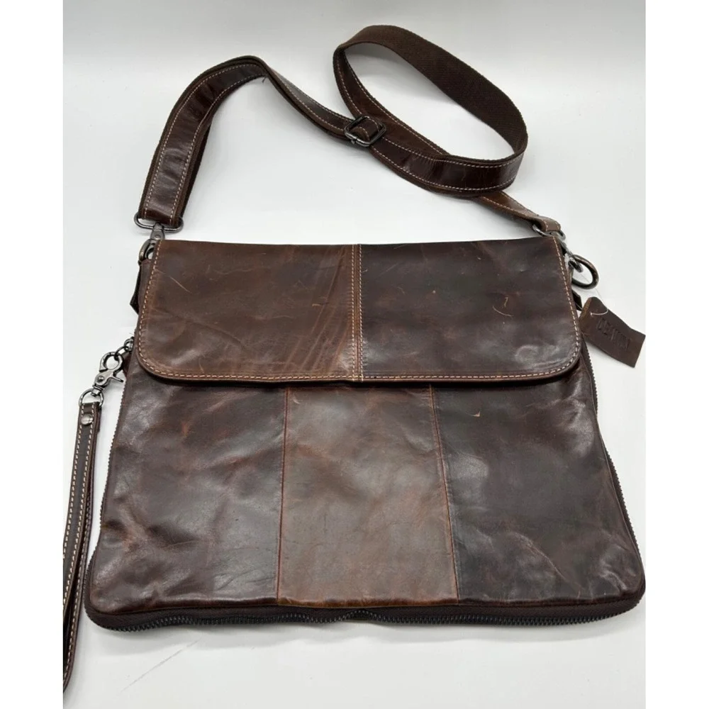 IDEAWIN Brown Leather Crossbody Tablet Messenger Bag Expandable‎ Distressed New